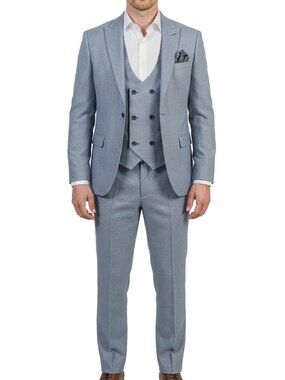 Blue Birdseye Double Breasted Vest Peak Lapel 3 Piece Skinny Fit Men's Suit